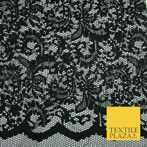 Black Ornate Sequin Check Lace Scallop Fabric Glitzy Dress Dancewear 1937