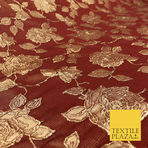 MAROON Luxury Textured Gold Floral Rose Brocade Dress Fabric Metallic Fancy 1350