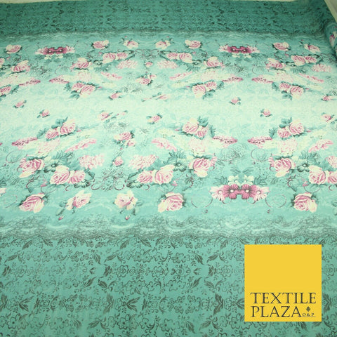 Sea Green Pink Floral Roses Panel Premium Printed Georgette Dress Fabric 2824