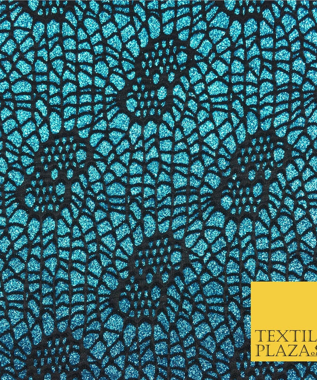 TURQUOISE BLUE Cobweb Sparkly Glitter Bonded Polyester Lace Fabric 58" Halloween