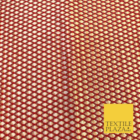 RED & GOLD Satin Bonded Large Hexagon Lace Dancewear Dress Fabric 1247