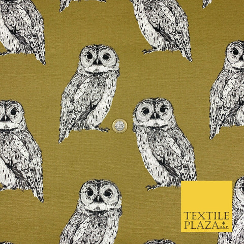 OLIVE Large Vintage Owls 100% COTTON CANVAS Printed Fabric Craft 58" 1710