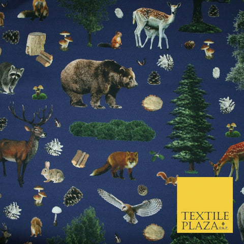 Blue Forest Woodland Animal Bear Fox Tree Printed 100% Cotton Canvas Fabric 4128