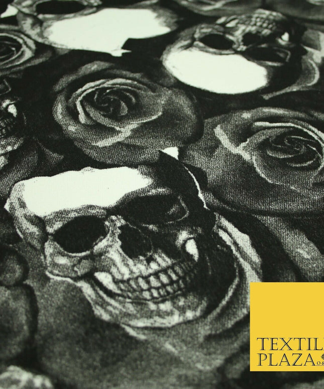 Black White Skulls N Roses Printed Stretch Jersey Fabric 59" Wide Halloween 3945