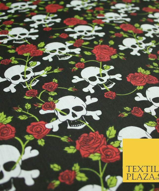 Black Skull & Cross Bones Roses Pirate Halloween Printed Polycotton Fabric 6474