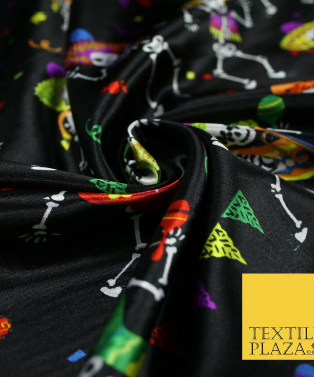 Black Dancing Skeleton Mexican Halloween Printed Satin Dress Fabric 58" 6499