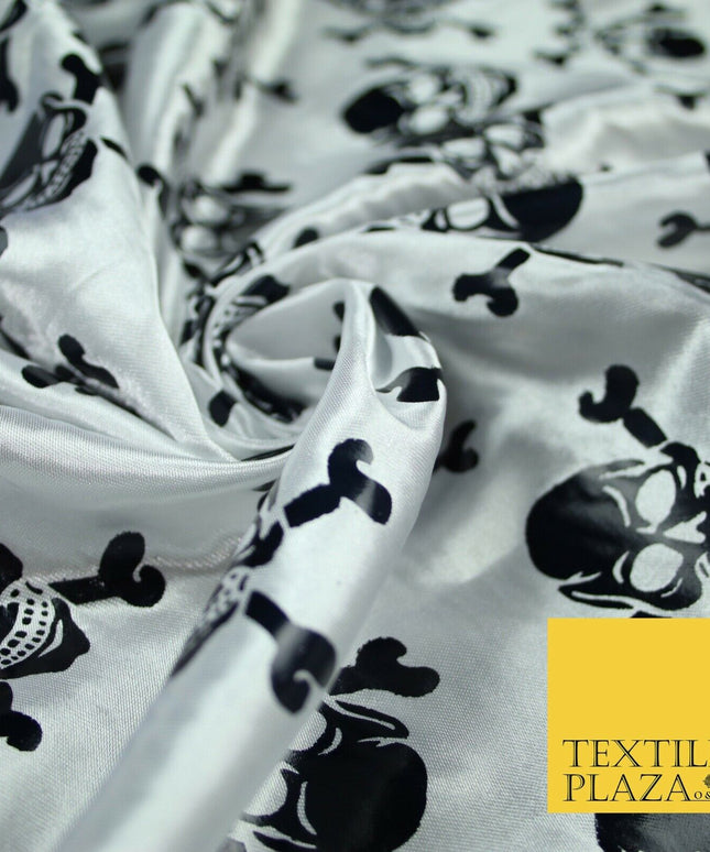 White Black Foil Skull Crossbones Pirate Halloween Printed Satin Fabric 58" 6500