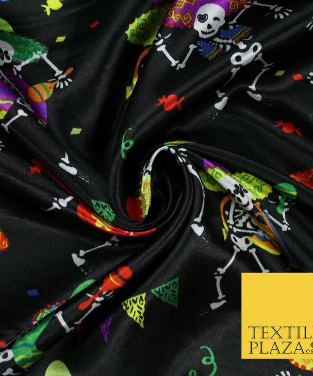 Black Dancing Skeleton Mexican Halloween Printed Satin Dress Fabric 58" 6499