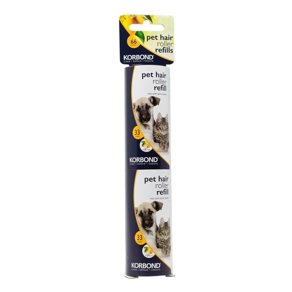 KORBOND Pet Hair Sticky Roller REFILLS 2 x 33 Sheets Lightly Scented 110721