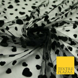 Black Confetti Love Hearts Flocked Mesh Net Stretch Dress Fabric 58" 7073