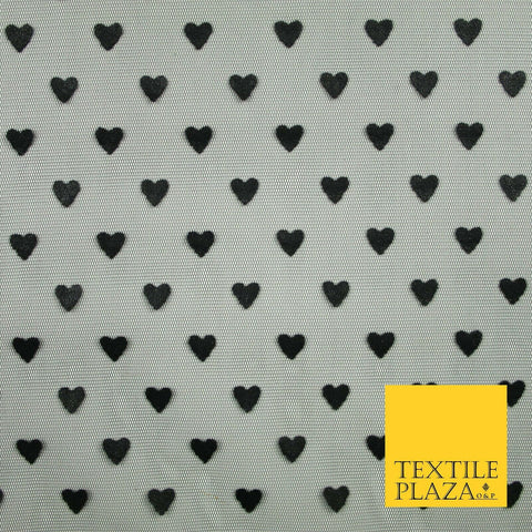 Black Valentine Love Hearts Flocked Power Mesh Net Stretch Dress Fabric 58" 7074