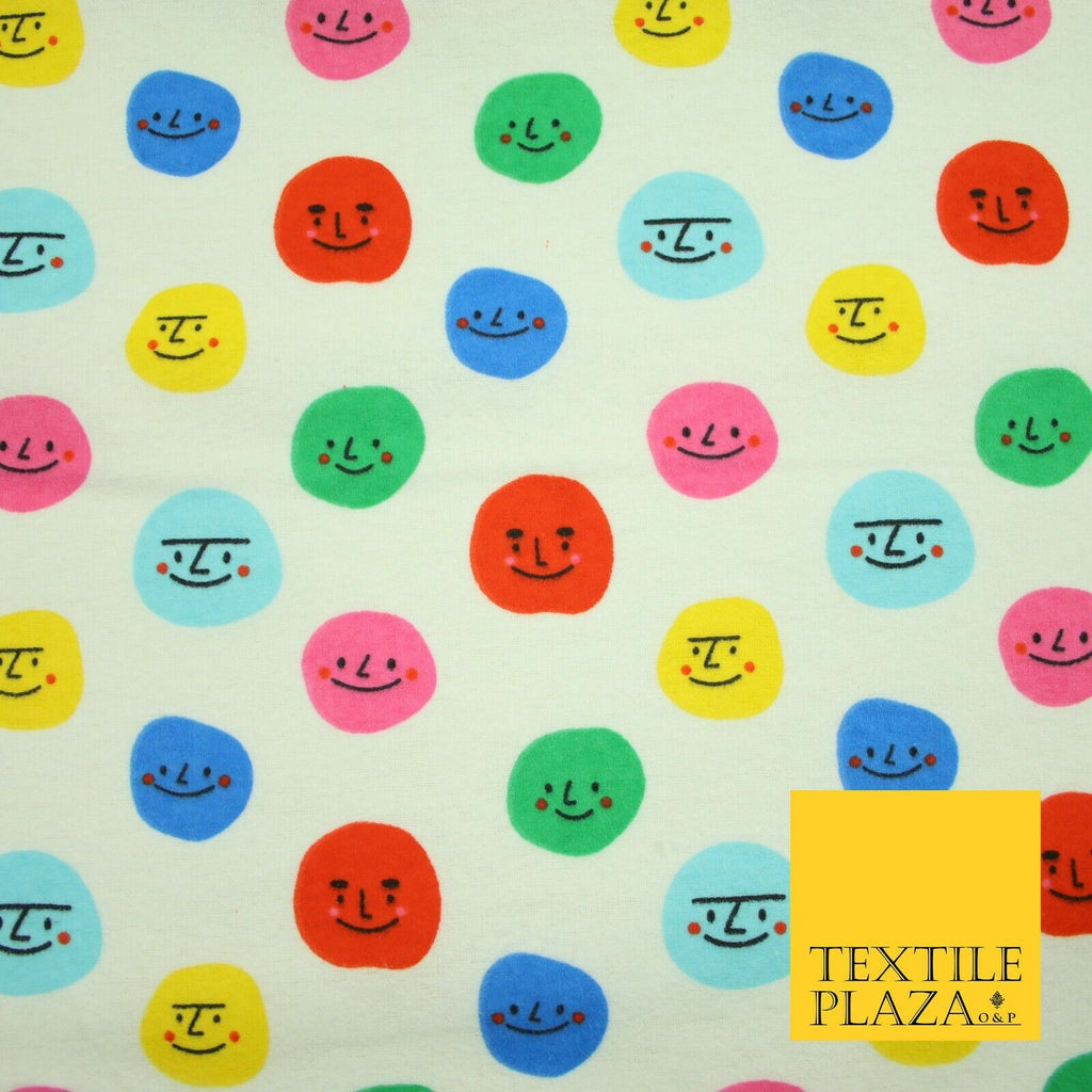 Ivory Colourful Smiley Faces Brushed Polycotton Winceyette Printed Fabric 7184