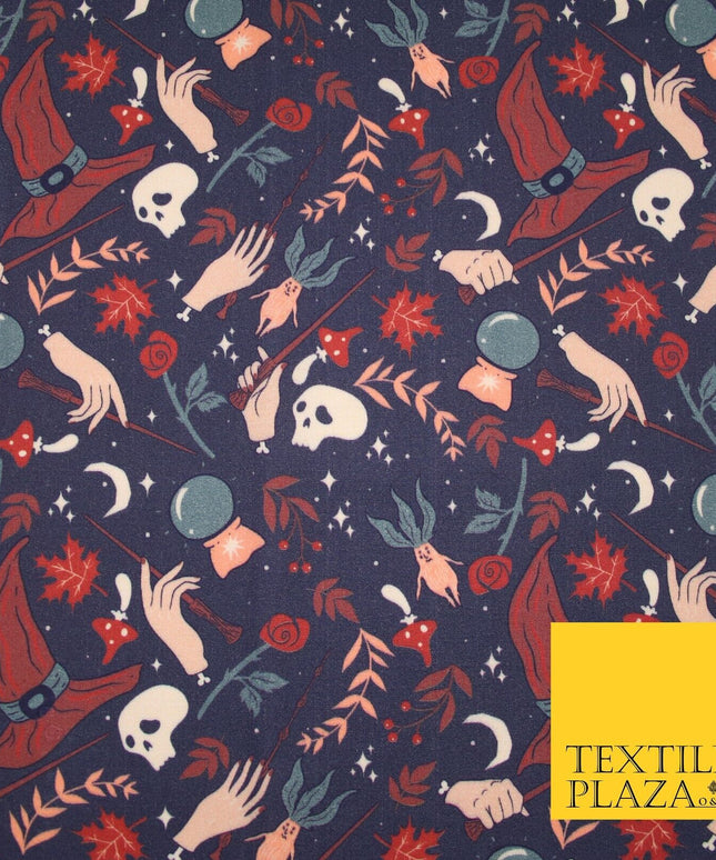 Navy Blue Magical Wizard Witch Spell Skull Halloween 100% Cotton Fabric 7347