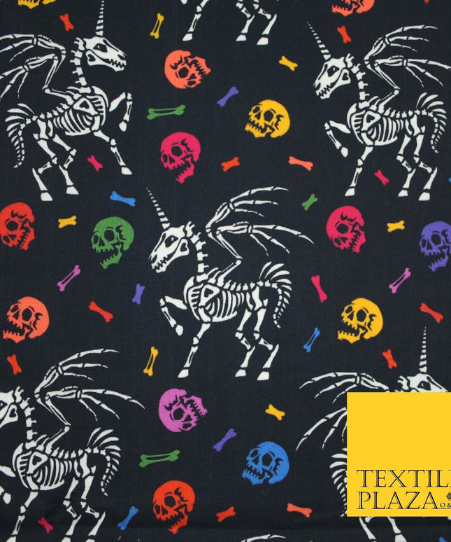 Black Unicorn Skeleton Skulls Colourful Bones Halloween 100% Cotton Fabric 7348
