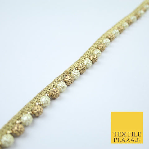 Ivory Cream / Antique Gold Textured Pearl Beaded Trim Border Gota Lace - X209