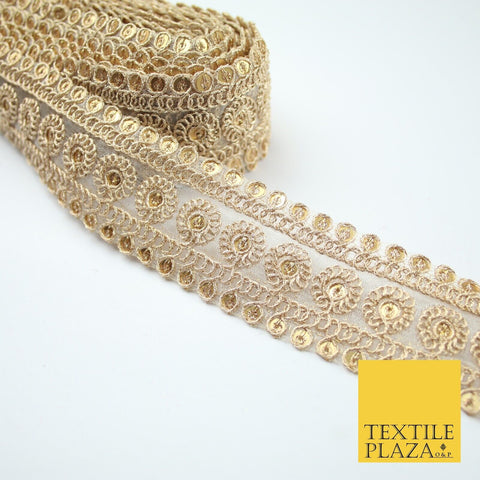 Gold Round Radial Sequin Zari Threadwork Trim Border Lace - 3.5cm Wide - X613