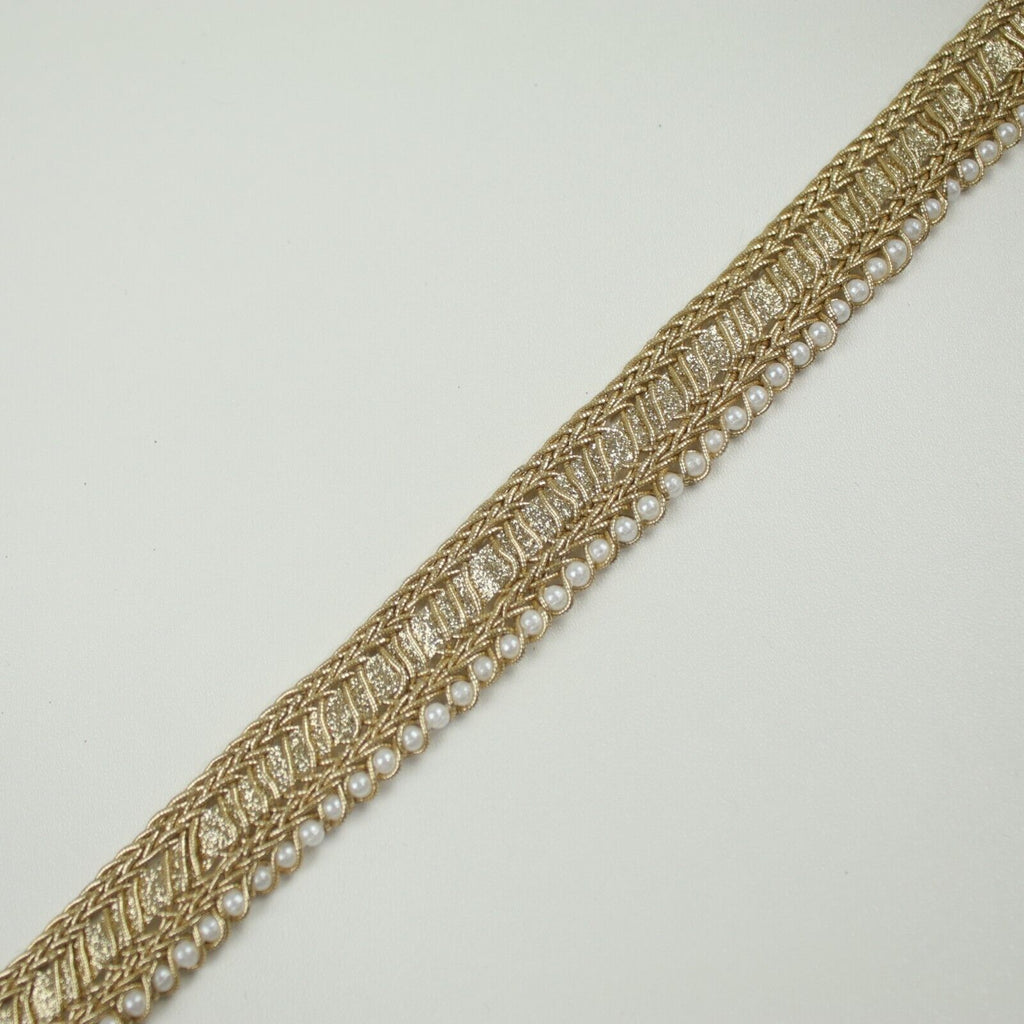 Gold Metallic Braided Ribbon & Mini Pearl Trim Border Gota Lace 1.5cm Wide X711