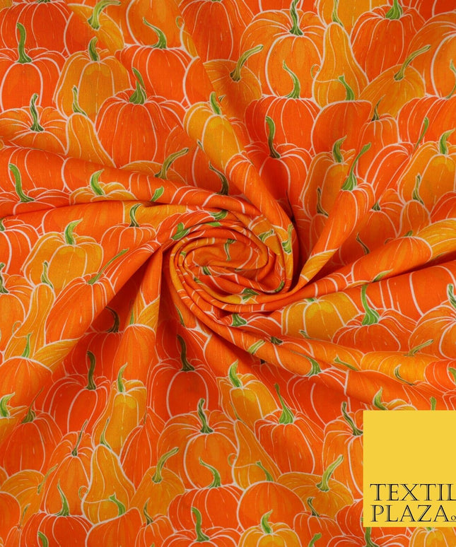Orange Pumpkin Halloween Autumn Print 100% Cotton Printed Fabric 58" 10213