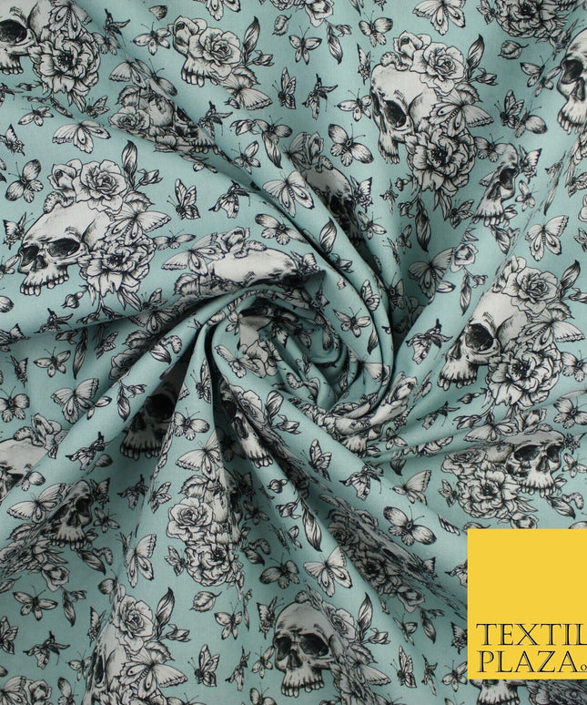 Blue Vintage Floral Skull Halloween 100% Pure Cotton Printed Fabric 58" 10203