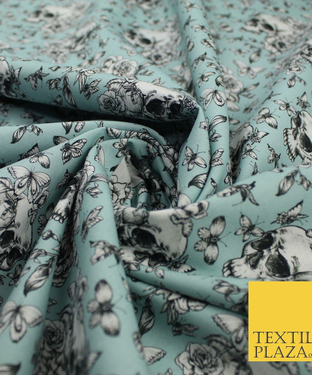 Blue Vintage Floral Skull Halloween 100% Pure Cotton Printed Fabric 58" 10203
