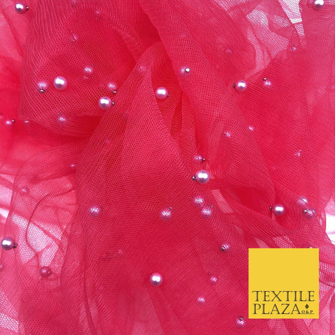 DEEP PINK Studded Pearl Mesh Net Fabric Bridal Sheer Craft Dress N1100