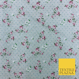 AQUA Garden Rose Print Fabric 100% Cotton Flower Polka Dot Dress Craft RB354