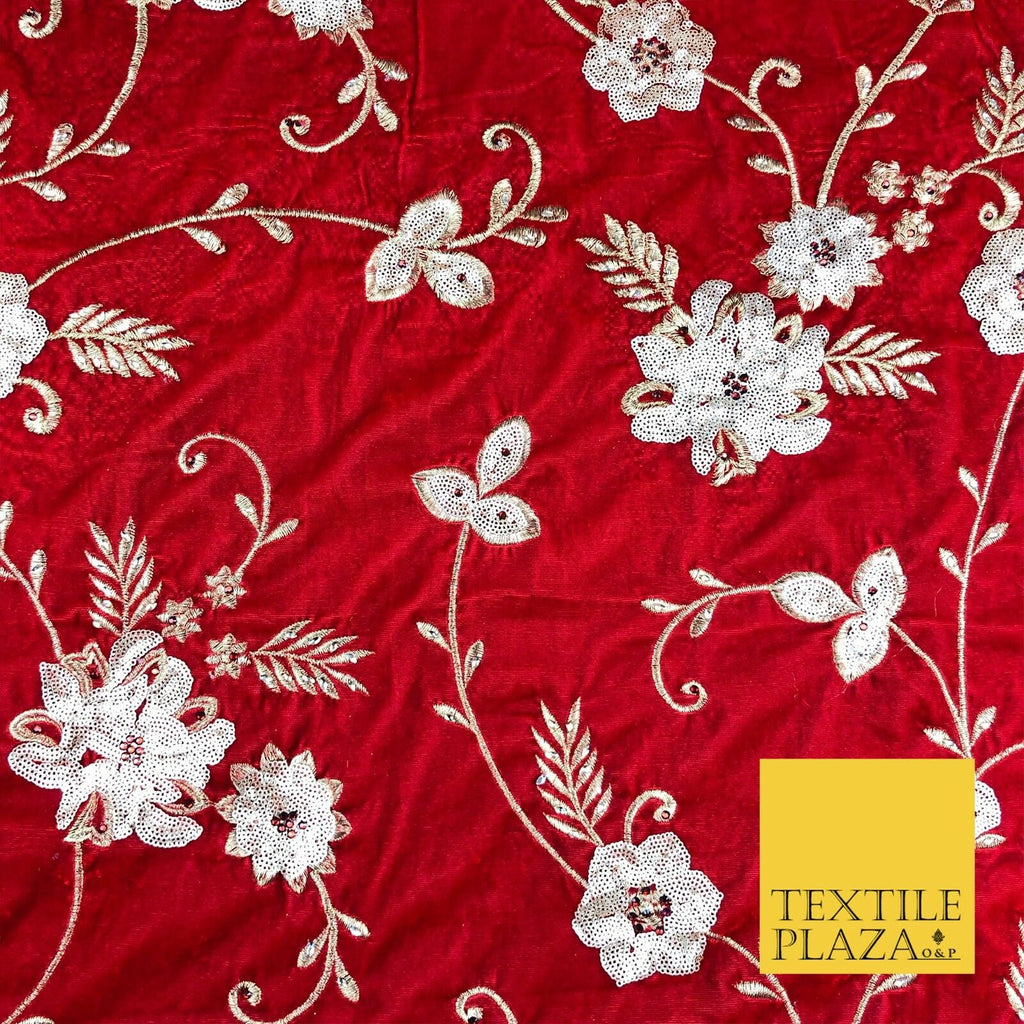 RED Fancy Ornate Floral Sequin Stonework Embroidered Velvet Dress Fabric 1089