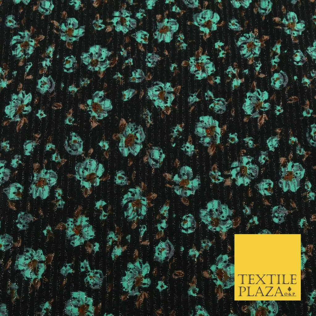 BLACK MINT GREEN Floral Ribbed Sparkle Stripe Dress Fabric Skirts 59" 1479