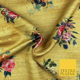 MUSTARD GOLD Floral Cluster Digital Print Faux Raw Silk Fabric Dress Craft 1465