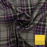 GREY PURPLE TARTAN Check Polyester Viscose Fabric 58" Craft Dress 1631