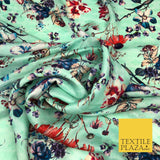 Mint Floral Watercolour Silky DigitalPrint Satin Crepe Dress Fabric Trendy I1080