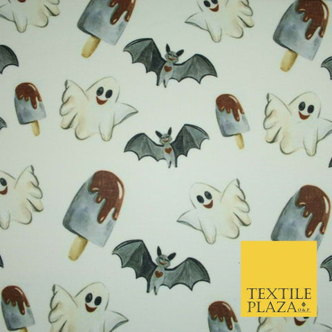 White Halloween Happy Bats Ghosts Ice Lolly Stretch Fine Jersey Fabric 60" 4779
