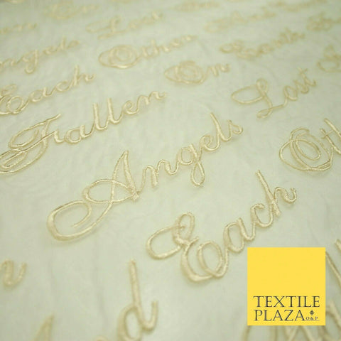 Luxury Ivory Gold Angel Script Embroidered 100% SILK ORGANZA Fabric 45" 4629