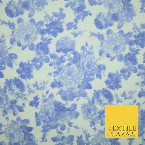 Blue White Vintage Floral Winceyette Soft Brushed Cotton Print Fabric 2205
