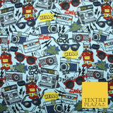Blue Cool Retro Camera Robot Cotton Jersey Stretch Fabric Brushed Reverse 4981