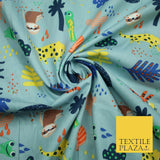 Dusty Blue Tiger Frog Monkey Animals Printed 100% COTTON POPLIN Fabric 56" 4995