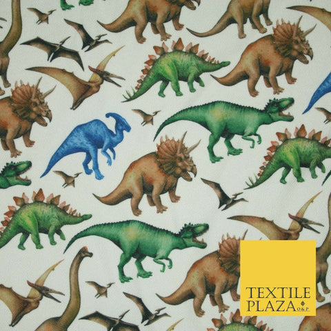 White Wild T Rex Jurassic Dinosaurs Dino Kids Printed Stretch Jersey Fabric 5082
