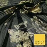 Black Gold Metallic Large Floral Printed Power Mesh Net Stretch Dress Fabric5096