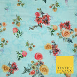 Light Blue Floral Printed Soft Micro Velvet Velour Non Stretch Fabric Dress 5243