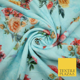 Light Blue Floral Printed Soft Micro Velvet Velour Non Stretch Fabric Dress 5243