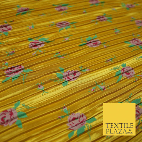 Mustard Gold Pink Floral Leaf Printed Pleated Plisse Satin Dress Fabric 5401