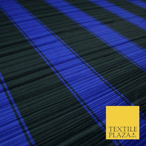 Black Royal Blue Large Striped Printed Pleated Plisse Satin Dress Fabric 5424