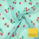 Mint White Falling Fruity Red Cherries Spotted Pleated Plisse Georgette Fabric