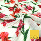 Ivory Off White Colourful Floral Lilies Pleated Plisse Georgette Fabric 5448