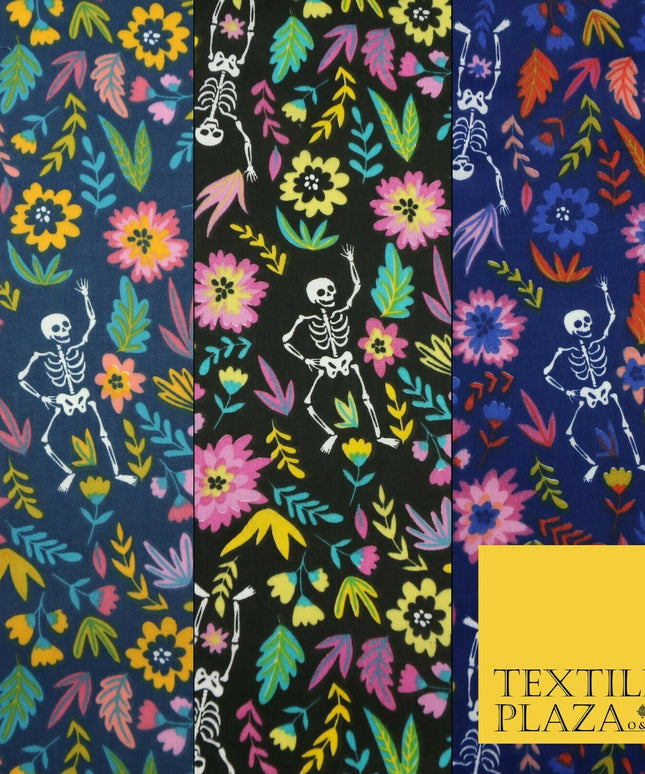 Dancing Skeletons Day of the Dead HALLOWEEN Printed Polycotton Fabric 45" Wide