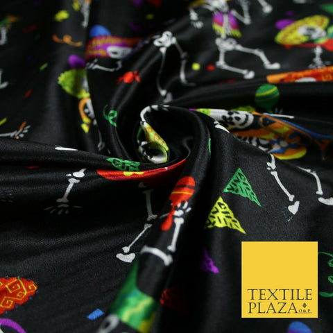 Black Dancing Skeleton Mexican Halloween Printed Satin Dress Fabric 58" 6499