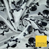 White Black Foil Skull Crossbones Pirate Halloween Printed Satin Fabric 58" 6500