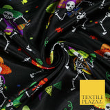 Black Dancing Skeleton Mexican Halloween Printed Satin Dress Fabric 58" 6499