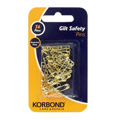 KORBOND 36 Pieces Gilt Safety Pins Assorted Sizes for Fine Light Fabrics 110192