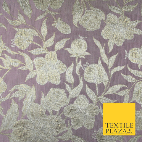 Lilac Lavender Metallic Gold Floral Bloom Textured Brocade Dress Fabric 7134